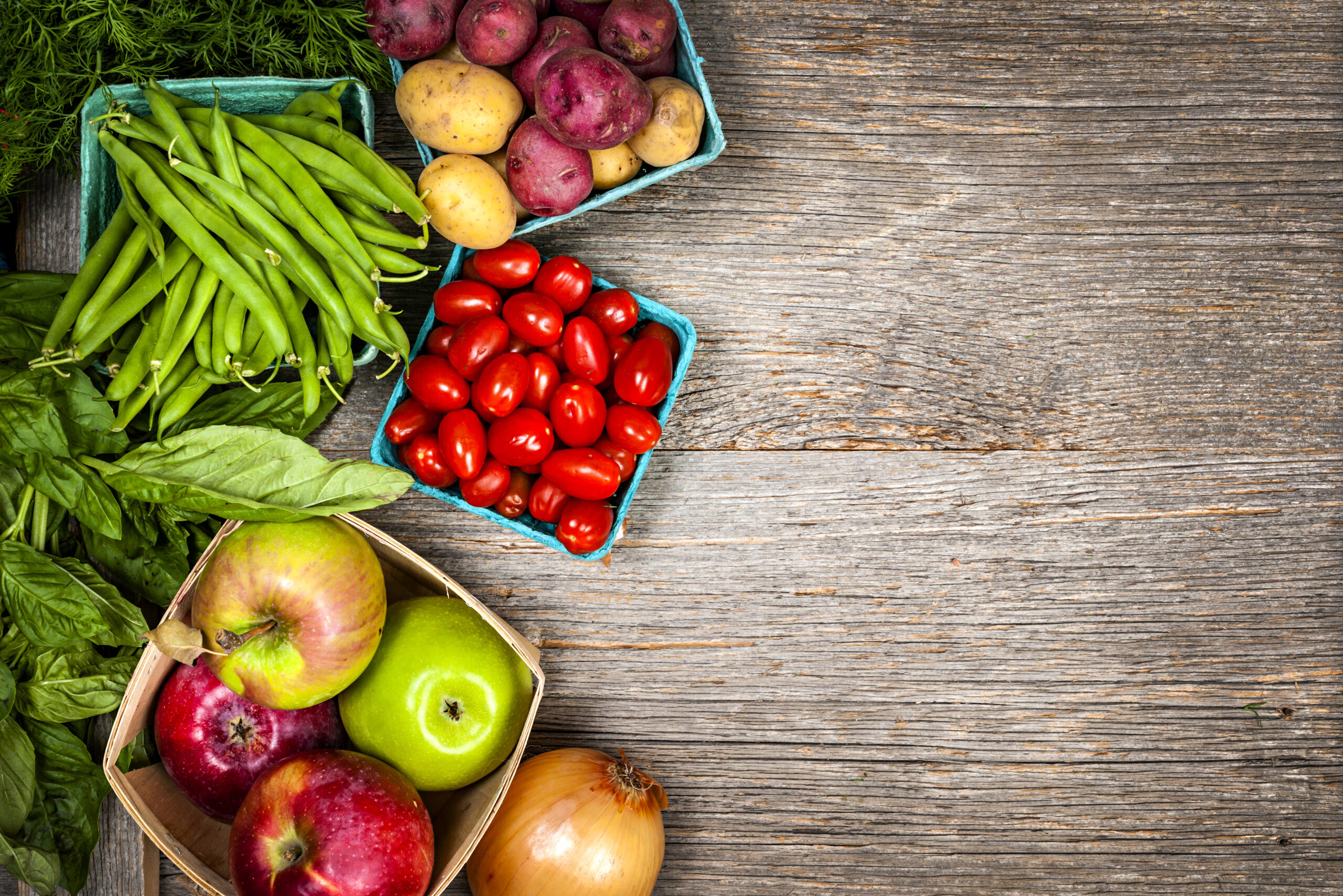 Fresh farmers market fruit and vegetable from above with copy space